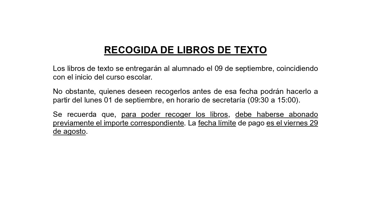 HORARIOS COMPRA DE UNIFORMIDAD Y RECOGIDA DE LIBROS DE TEXTO