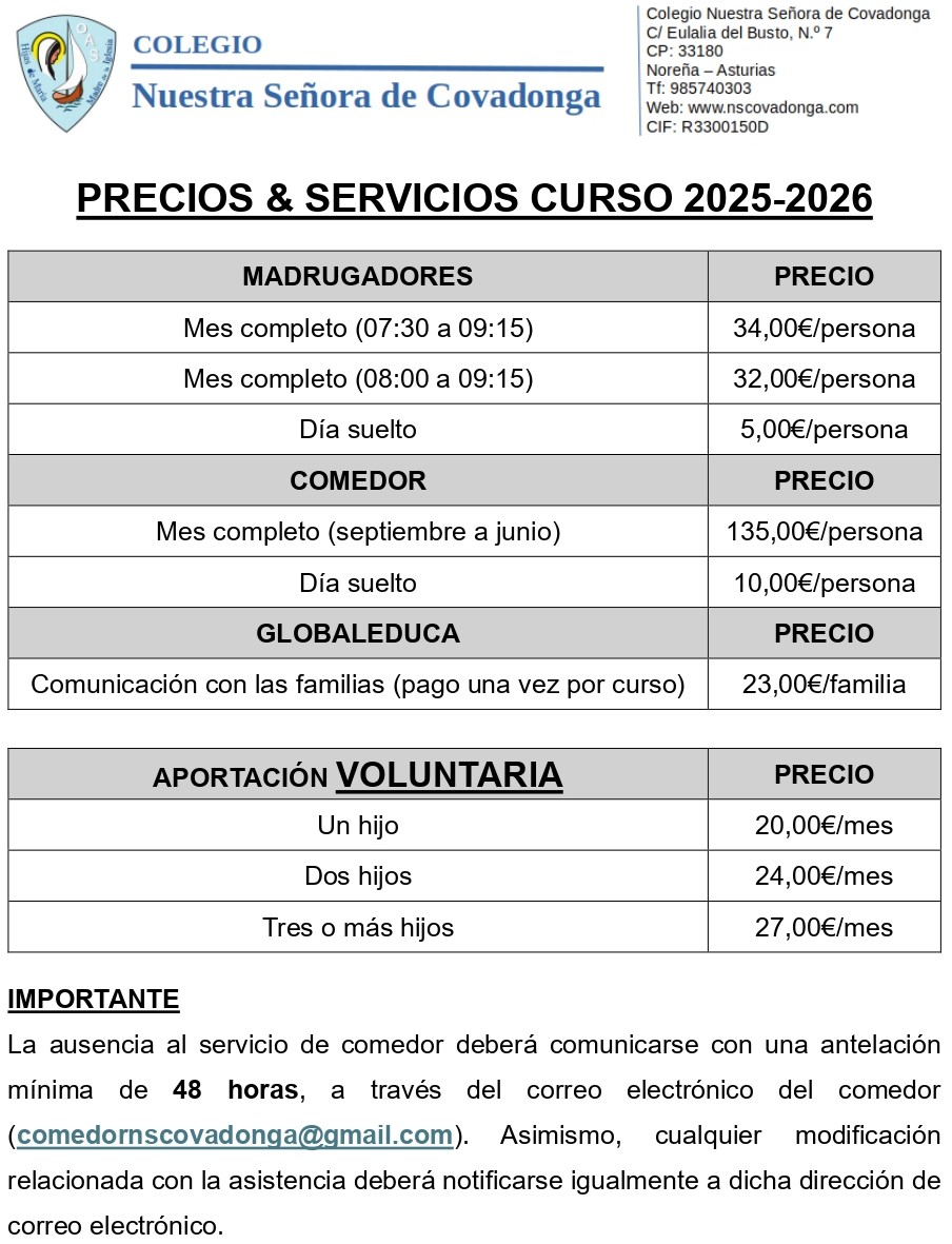 SERVICIOS Y PRECIOS COLEGIO CURSO 2025 2026