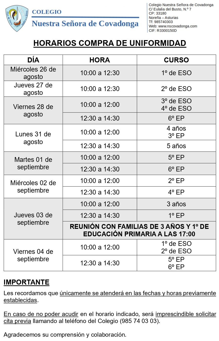 HORARIOS COMPRA DE UNIFORMIDAD Y RECOGIDA DE LIBROS DE TEXTO 2026
